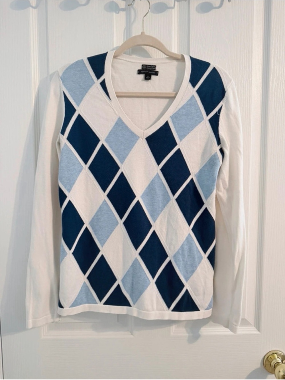 Tommy Hilfiger Blue Argyle Pima Cotton V-Neck Sweater Size M